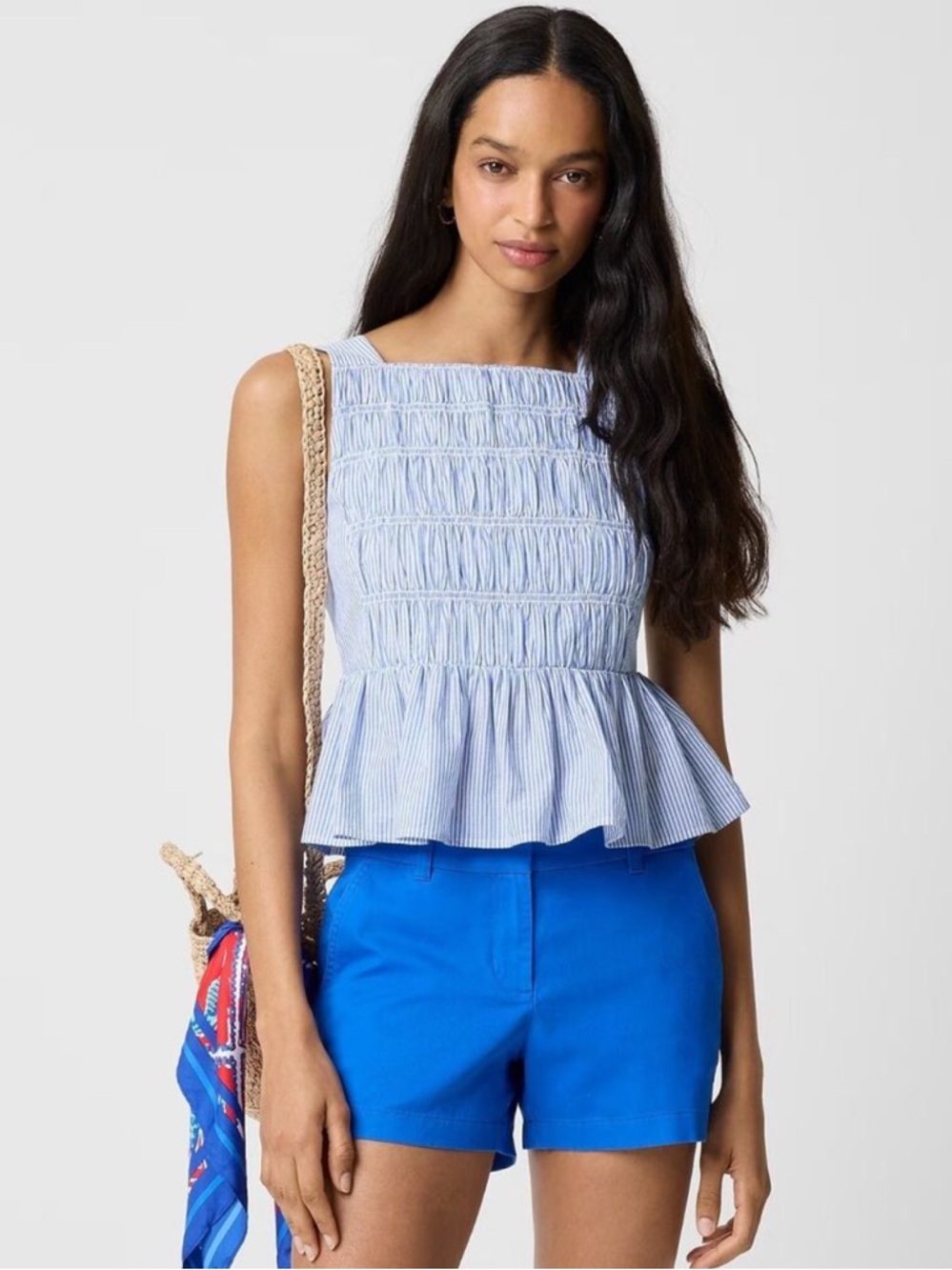 J.Crew Striped Smocked Top 0 Blue Cropped Peplum Tank Square Neck NWT
